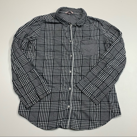 Victoria’s Secret Black White Micro Plaid Roll Sleeve Button Down PJ Top Medium - Picture 3 of 6